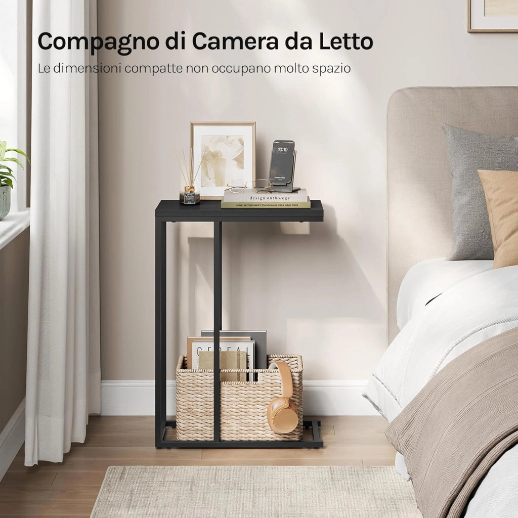 Tavolino a Forma di C, Tavolino Compatto con Struttura in Metallo e Piano in Legno Ingegnerizzato, per Divano/Letto/Soggiorno/Camera da Letto, L45xP25xH63,5cm, Nero