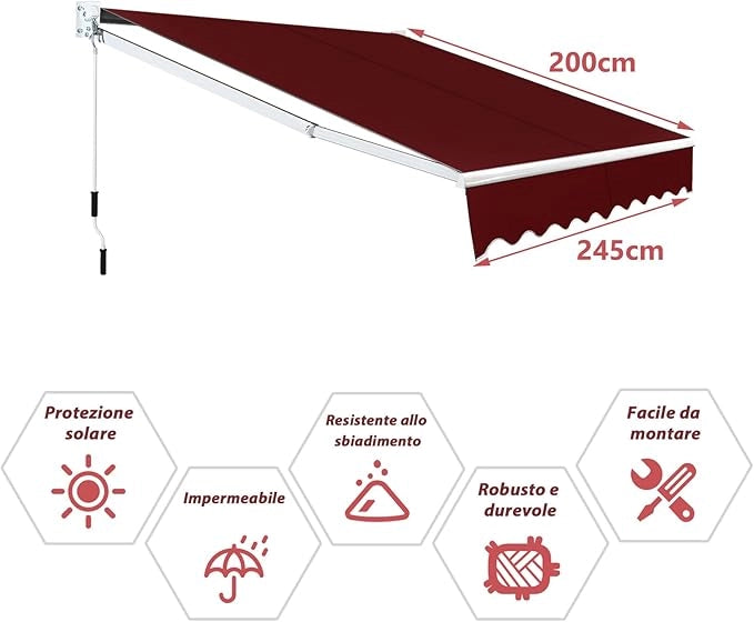 Tenda da Sole per Esterno Avvolgibile, Tenda da Sole a Bracci Estensibili con Telaio in Alluminio e Tettuccio Resistente al Sole e Impermeabile e Manovella (245 x 200 cm,Rosso)