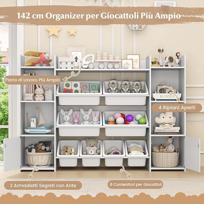 Organizer Giocattoli per Bambini, Scaffale di Legno a 4 Livelli con 8 Cestini Removibili, Armadio di Stoccaggio, per Camera dei Bambini Asilo, 142x30x100 cm