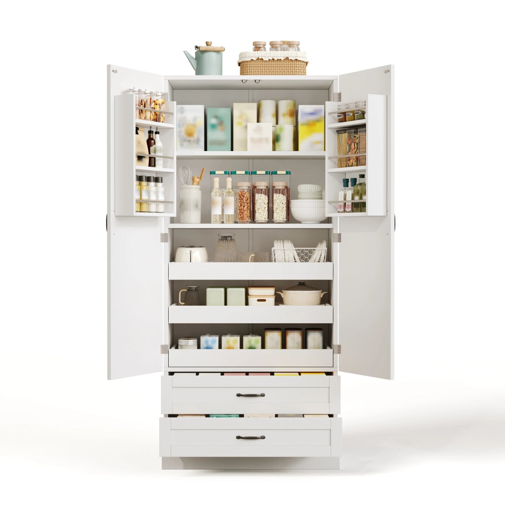 Armadio alto da cucina con 3 ripiani estraibili e 2 cassetti; 180x80x37;5 cm; bianco