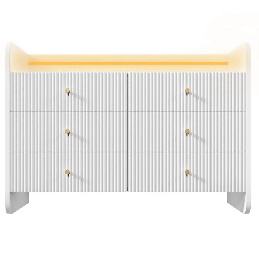 Credenza 120x40x75 cm con LED; 6 cassetti e vano aperto; pannello truciolare bianco