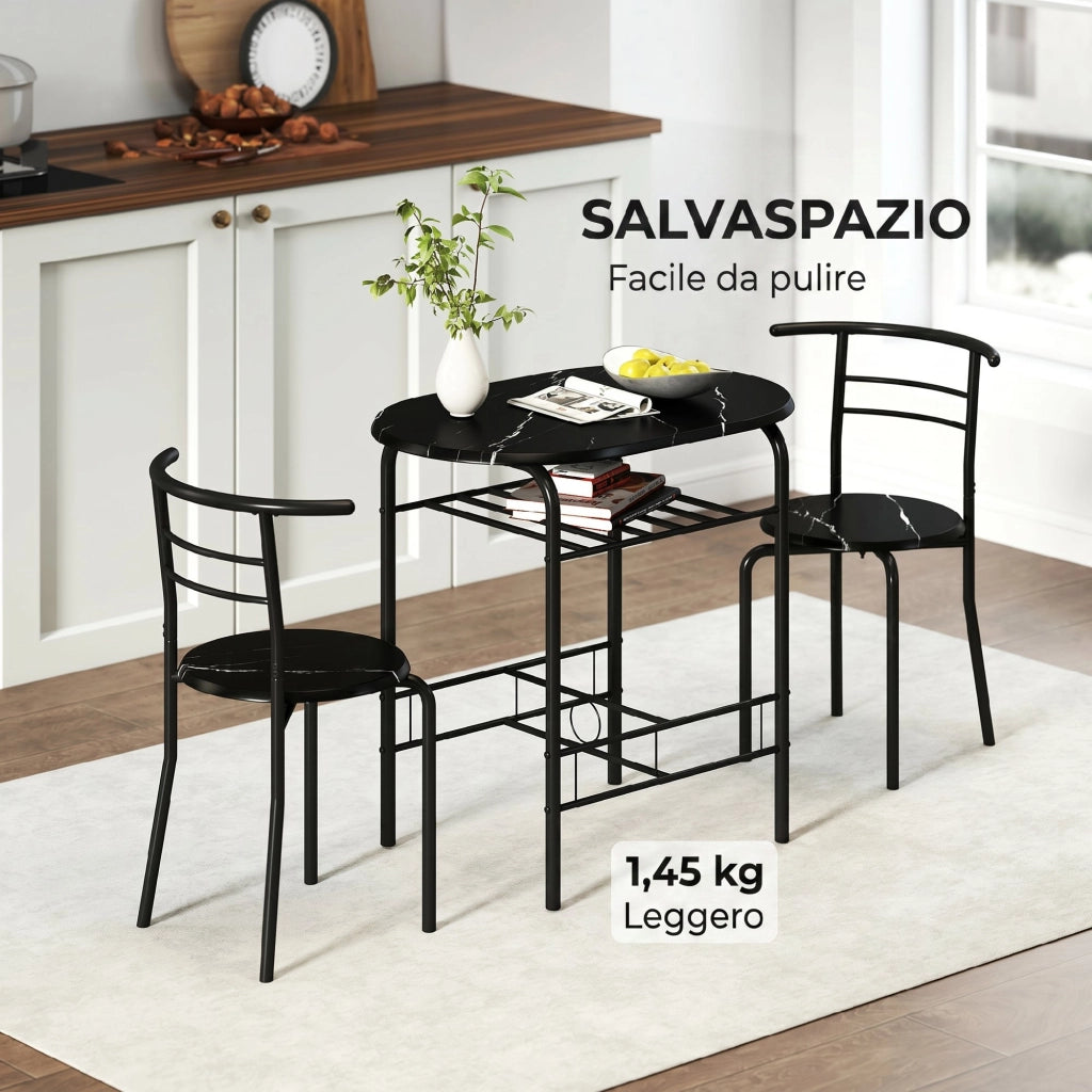 Set Tavolo Moderno con 2 Sedie per Sala da Pranzo Design Salvaspazioin MDF e Metallo Marrone e Nero
