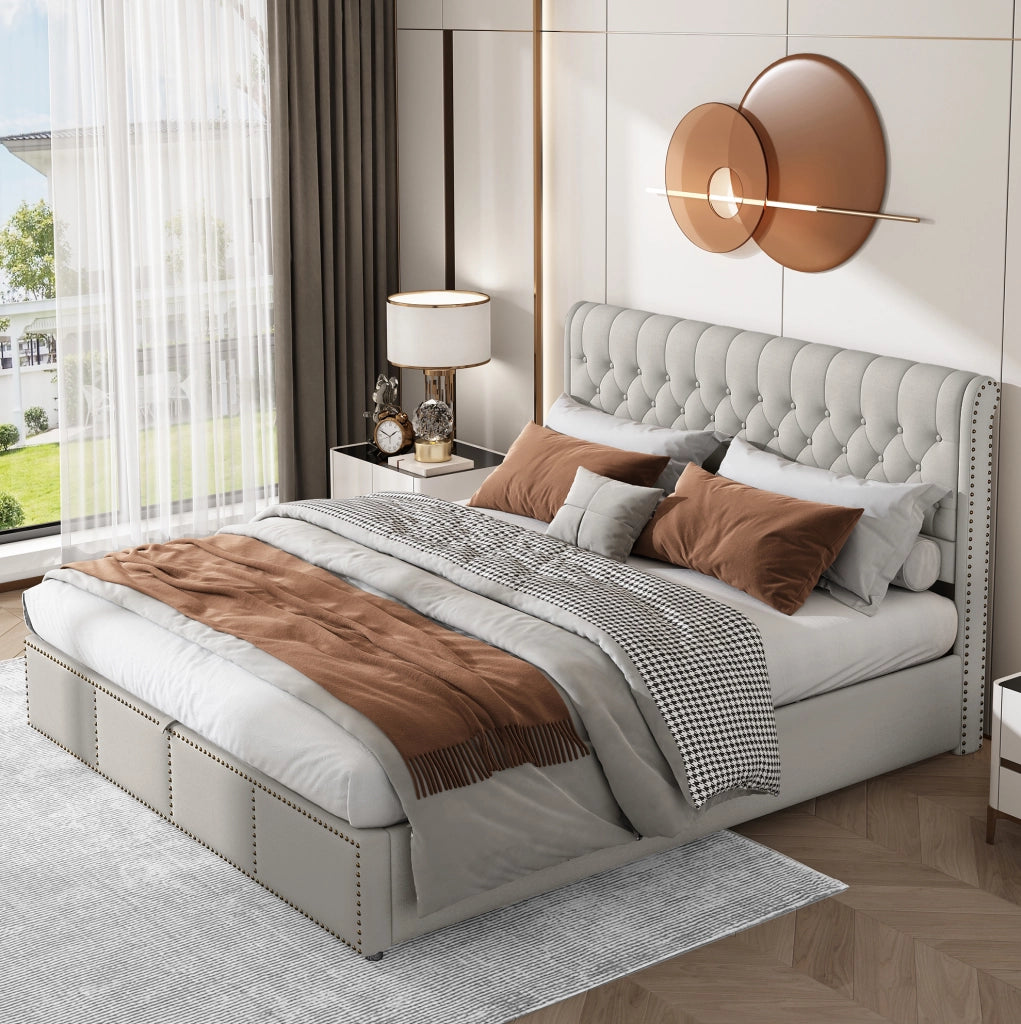 Letto matrimoniale imbottito 180x200 cm in lino grigio; con contenitore e testiera imbottita