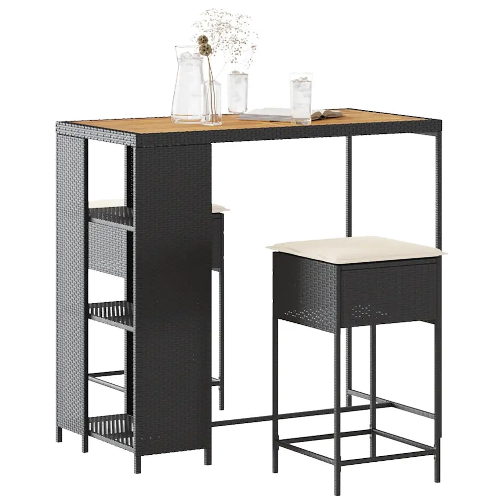Set Bar da Giardino 3 pz | Set Salotto da Giardino con Cuscini in Polyrattan Nero