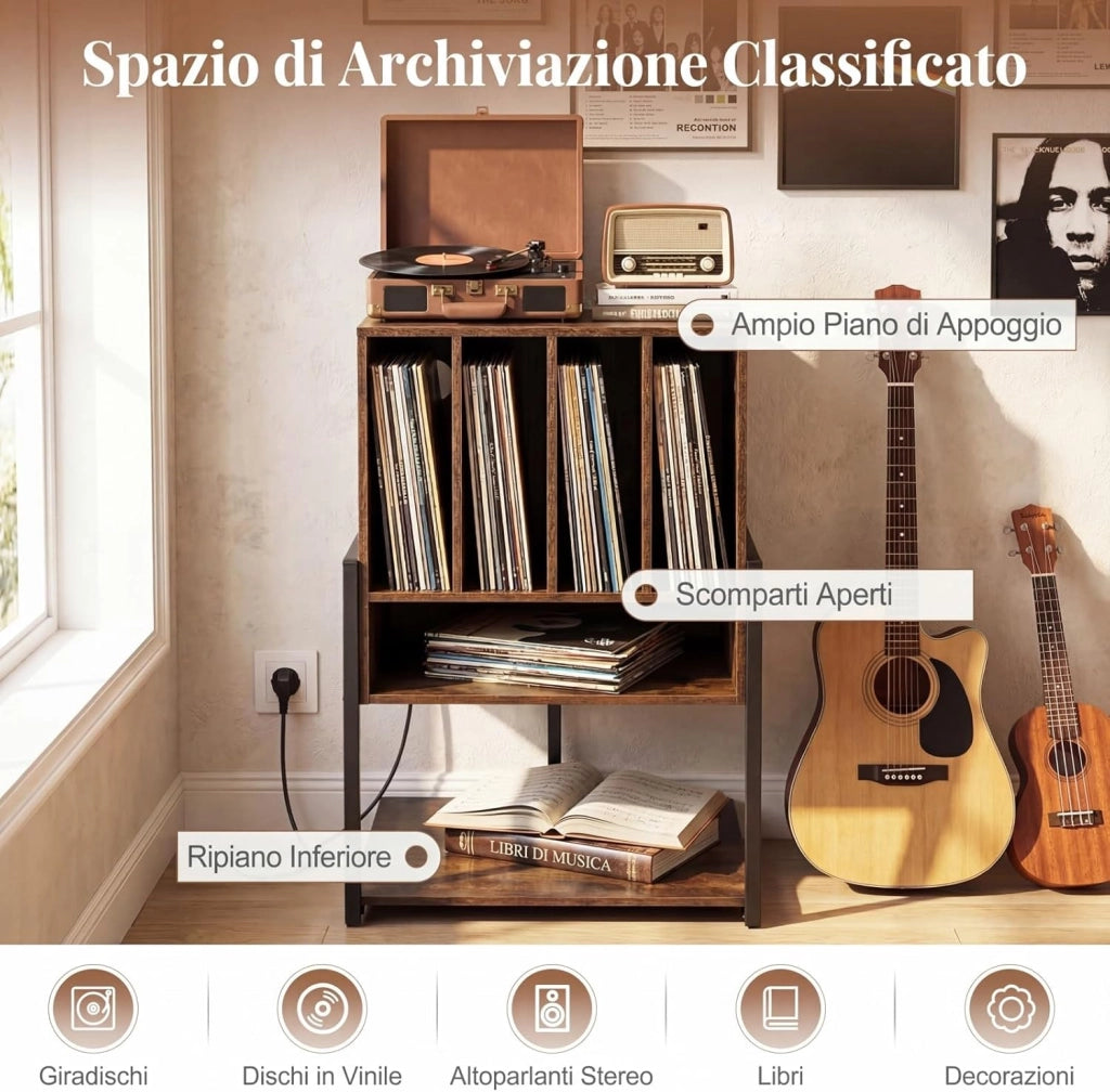 Supporto per Giradischi, Mobile Porta Giradischi con 4 Scomparti e Ripiani Aperti, Scaffale per Dischi in Legno con Ruote e Piedini Regolabili (Marrone Rustico, Con Presa di Corrente)