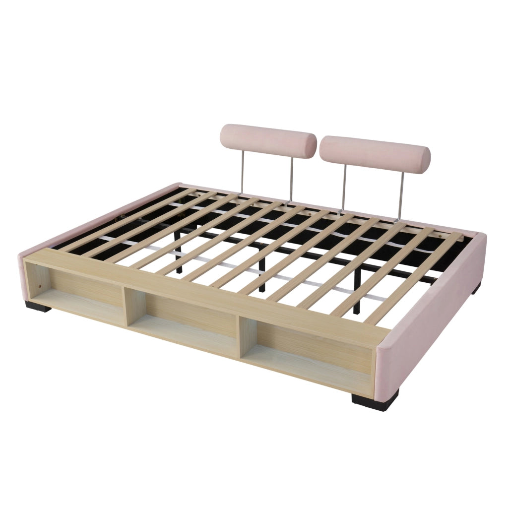 Letto imbottito 140x200 cm con vani laterali e LED in velluto rosa