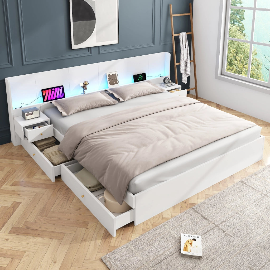 DESMIU Letto matrimoniale 2 posti con USB, presa, LED regolabile e 2 cassetti 180 × 200 cm, senza materasso, bianco
