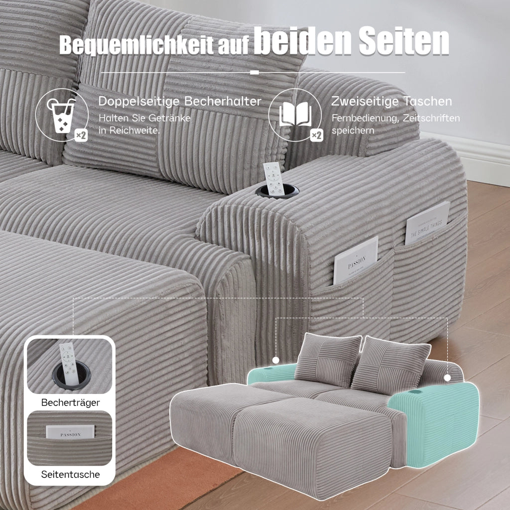 DIVANO MODULARE 2 posti 200x174x80 cm in corduroy grigio chiaro