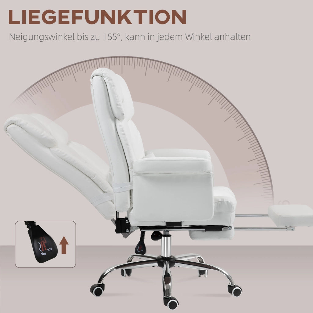 Sedia da ufficio ergonomica con schienale reclinabile e poggiapiedi in pelle rigenerata bianca 69 × 65 × 107-115 cm