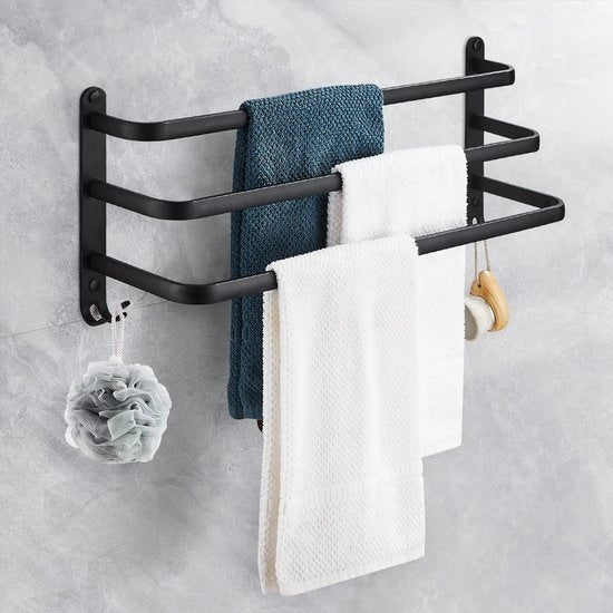 Supporto per asciugamani a 3 livelli, nero senza foratura, supporto per asciugamani autoadesivo in alluminio con ganci, impermeabile e resistente all'ossidazione per bagno/cucina (40 cm)