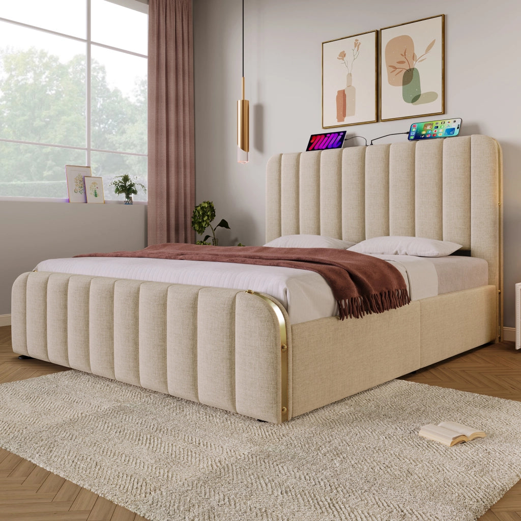 Letti contenitori 140x190 cm; testiera con ricarica USB Type-C; lino; beige (Senza materasso)