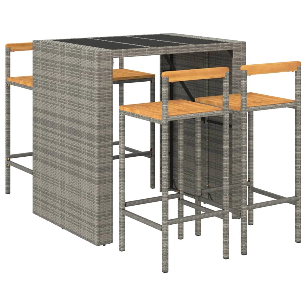 Set bar da giardino mobili da esterno terrazza 5 pezzi polyrattan grigio/legno massiccio di acacia 02_0013479