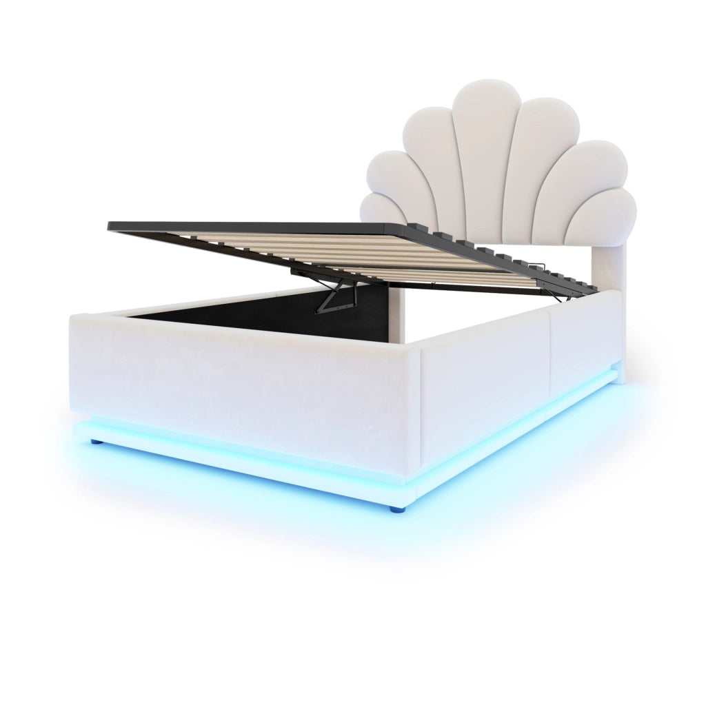 Letto imbottito beige 90 x 200 cm con contenitore idraulico e luci LED