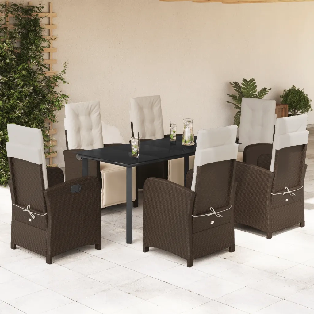 Set da Pranzo da Giardino 7pz con Cuscini in Polyrattan Marrone