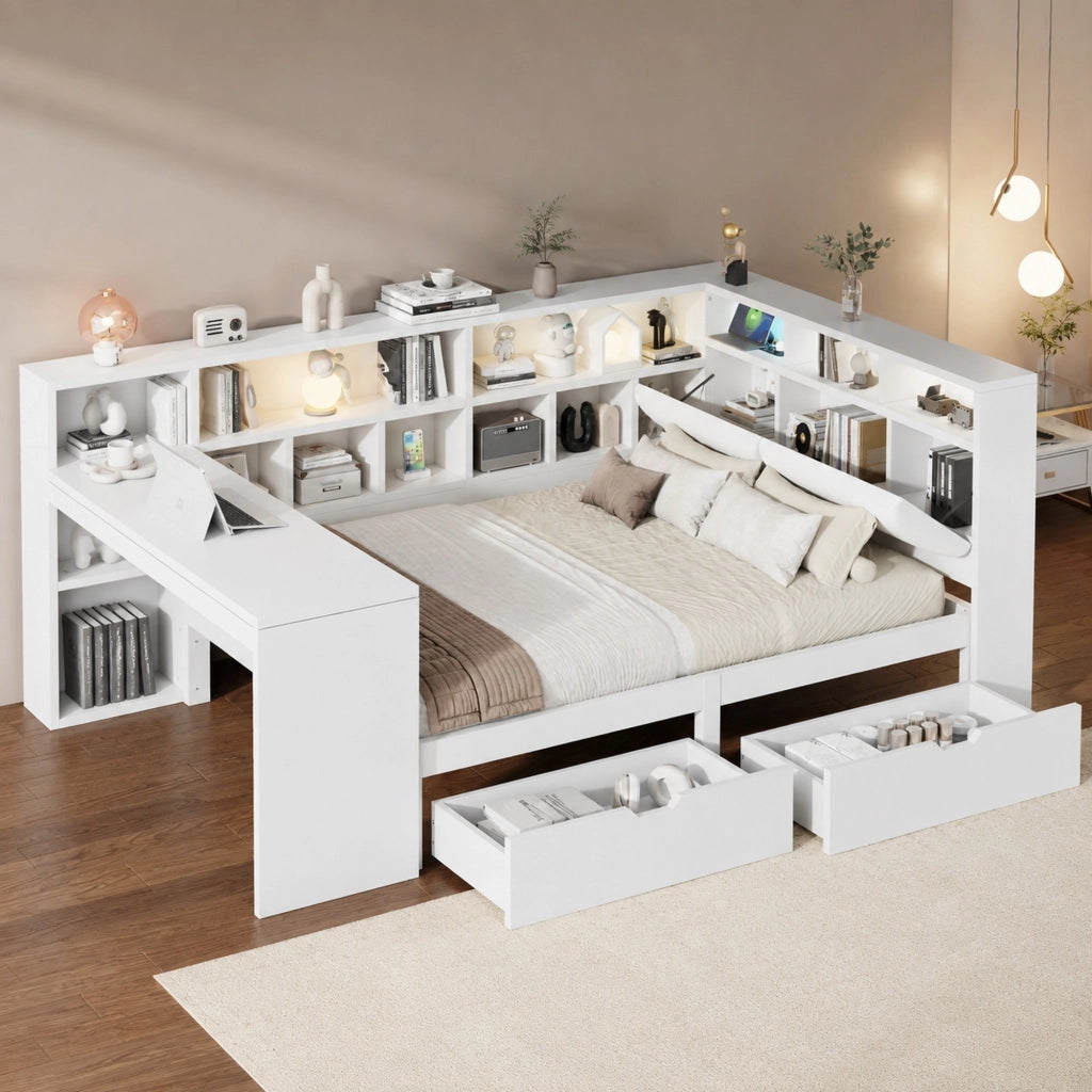 Letto angolare 140x200 bianco con scrivania, libreria, LED e cassetti