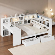 Letto angolare 140x200 bianco con scrivania, libreria, LED e cassetti