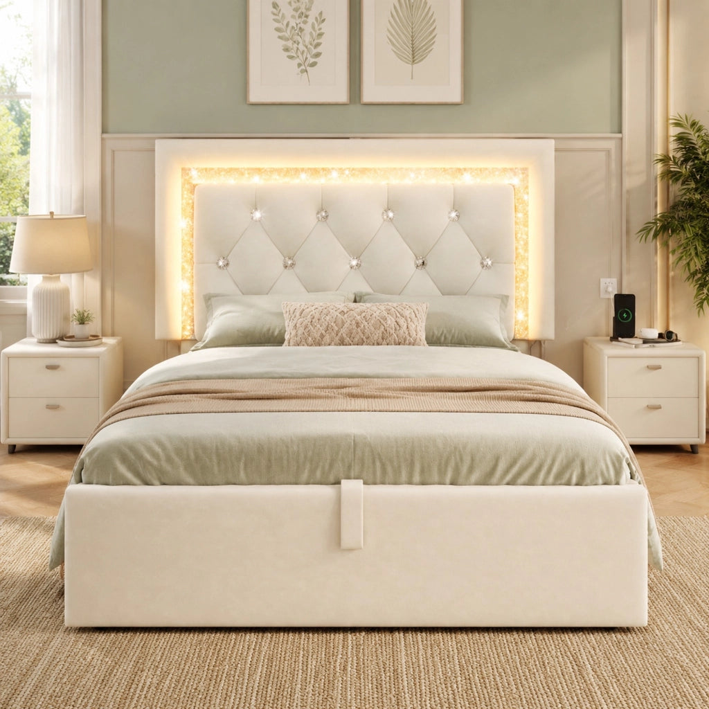 LETTO imbottito 90x200 cm in velluto beige con LED, USB e contenitore