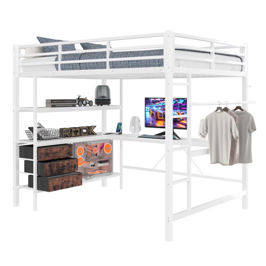 Letto a castello bianco con funzione scrivania illuminazione led in metallo 140x200 cm