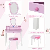 Toeletta per Bambine +3 Anni in Legno, Set Tavolo da Trucco Giocattolo con Specchio e Sgabello, Rosa