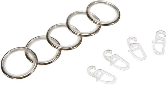 Giradini per tende con Ø 16 mm - 20 mm, con chiusura scorrevole e ganci per tende, 10 pezzi, larghezza 4 mm, Kreta, metallo/plastica, finitura RVS