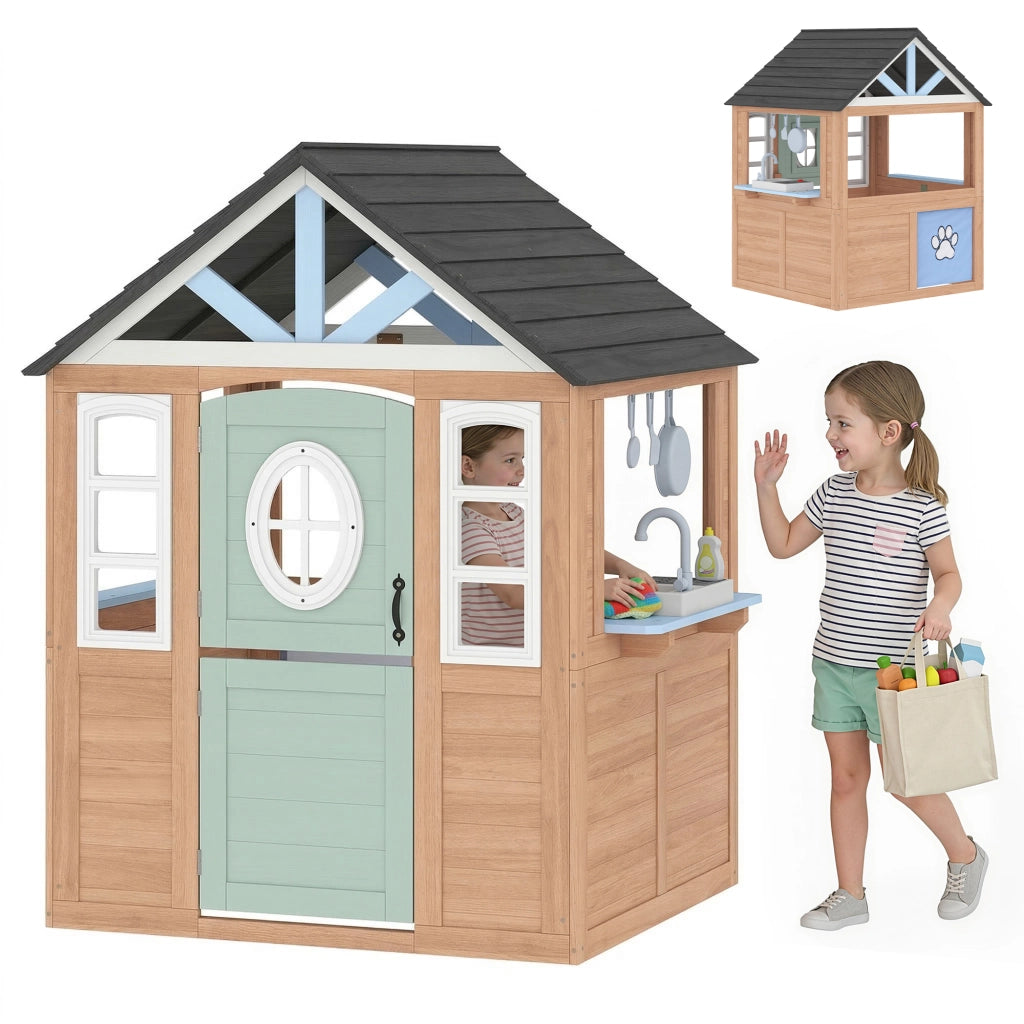 Casetta Bambini Giardino Legno con Cucina Gioco ¨C Zephmum ¨C Naturale 120x120x120