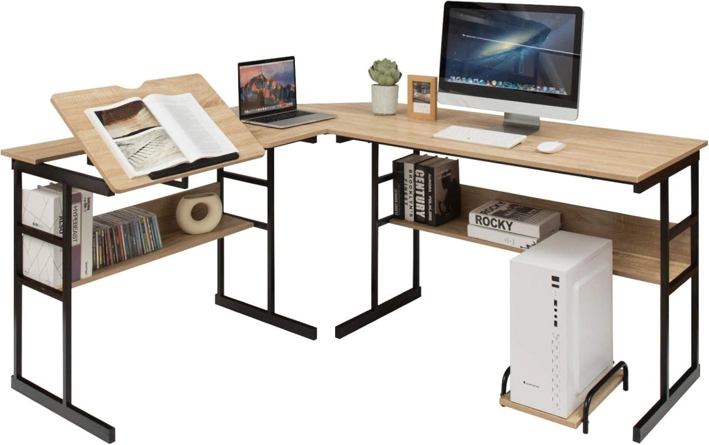Scrivania ad angolo a forma di L 170 cm, Scrivania per computer con 2 ripiani, vassoio inclinabile, supporto per unità centrale, tavolo da computer, poco ingombrante, stile industriale