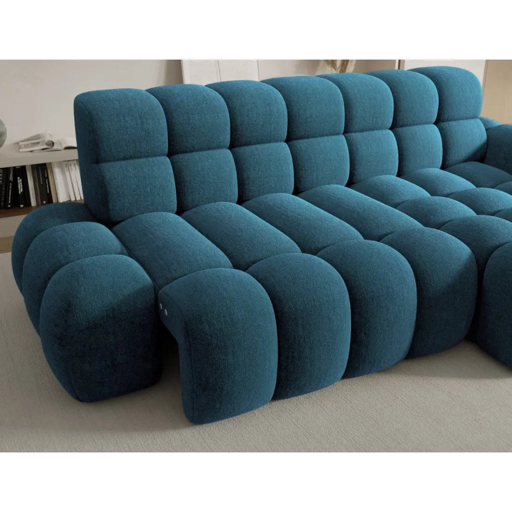 Divano ad angolo convertibile BULLA 3 posti blu angolo sinistro - tessuto bouclé con estensione della seduta elettrica