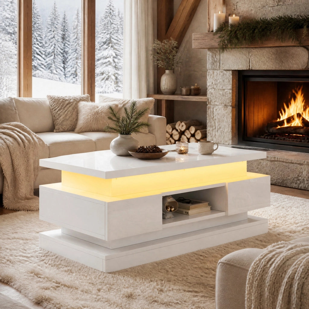 TAVOLINO DA SALOTTO ALZABILE 100 x 50 x 40 cm Bianco Lucido con LED e 2 Cassetti