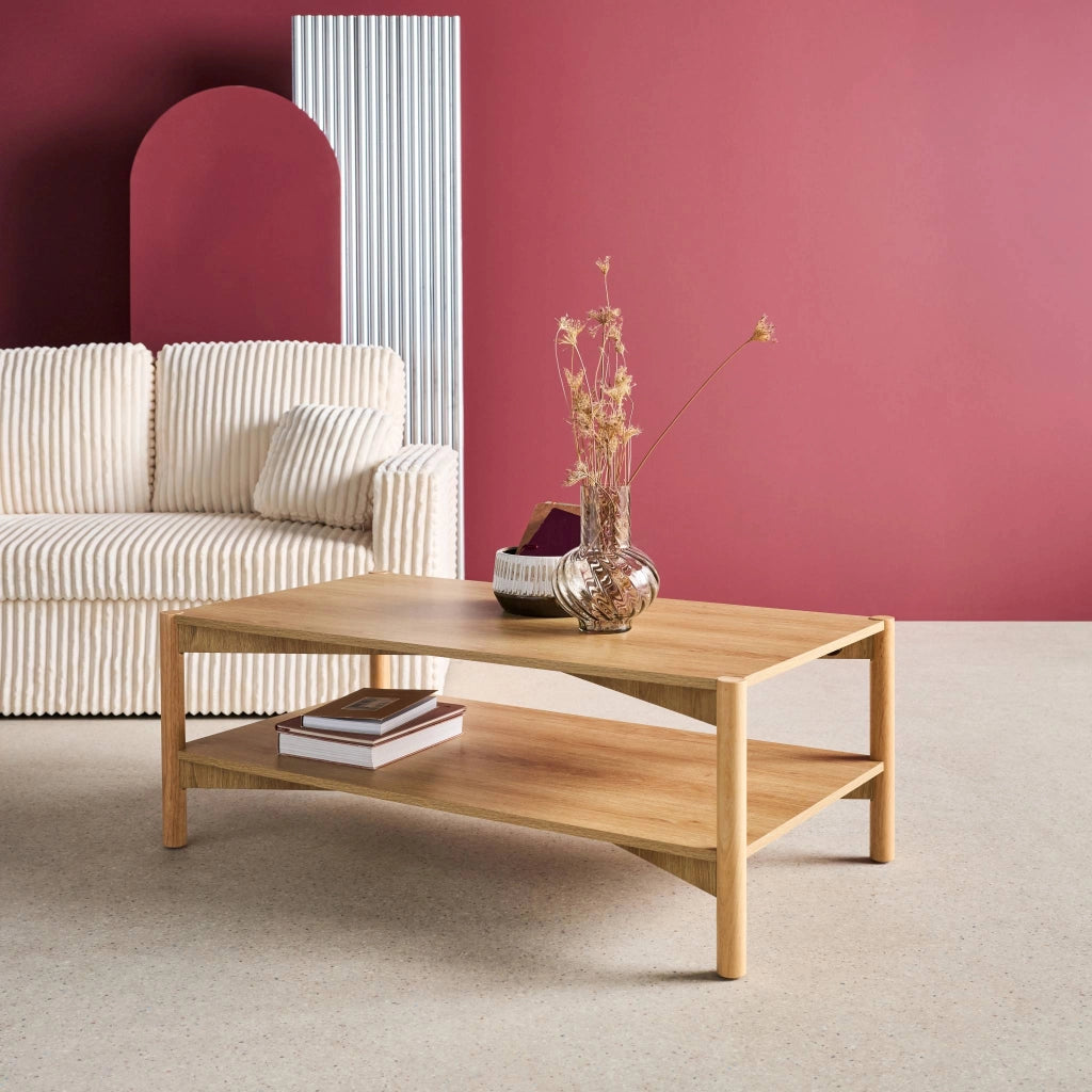 Tavolino rettangolare decorazione legno doppio ripiano, marrone