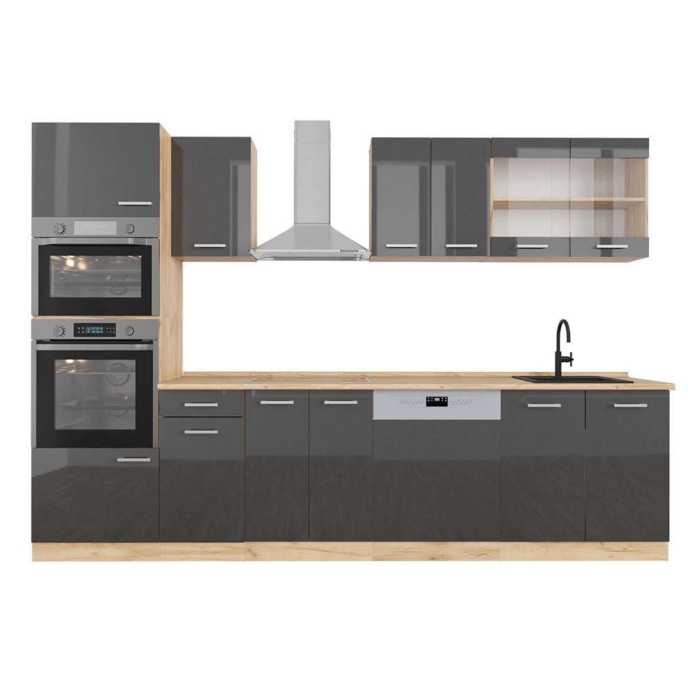 Cucina componibile R-Line Antracite lucido/Rovere dorato 300 cm con armadio alto, PL Rovere Vicco