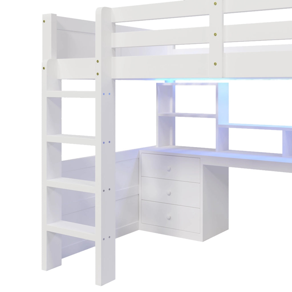DESMIU Letto a Soppalco 1 Posto con LED, Scrivania, Armadio, 3 Cassetti e Ripiani 140 × 200 cm Senza Materasso