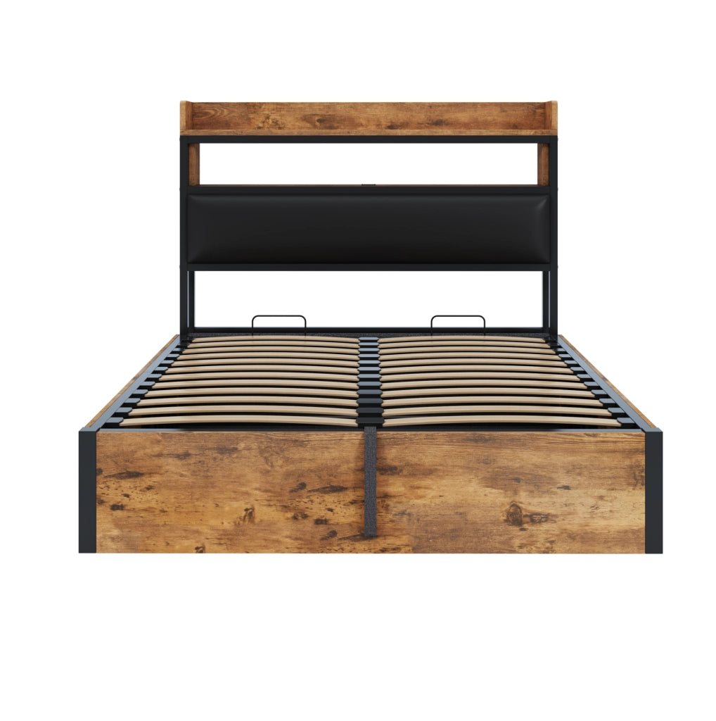 Letto matrimoniale 140x200 cm con contenitore; testiera imbottita con USB; nero