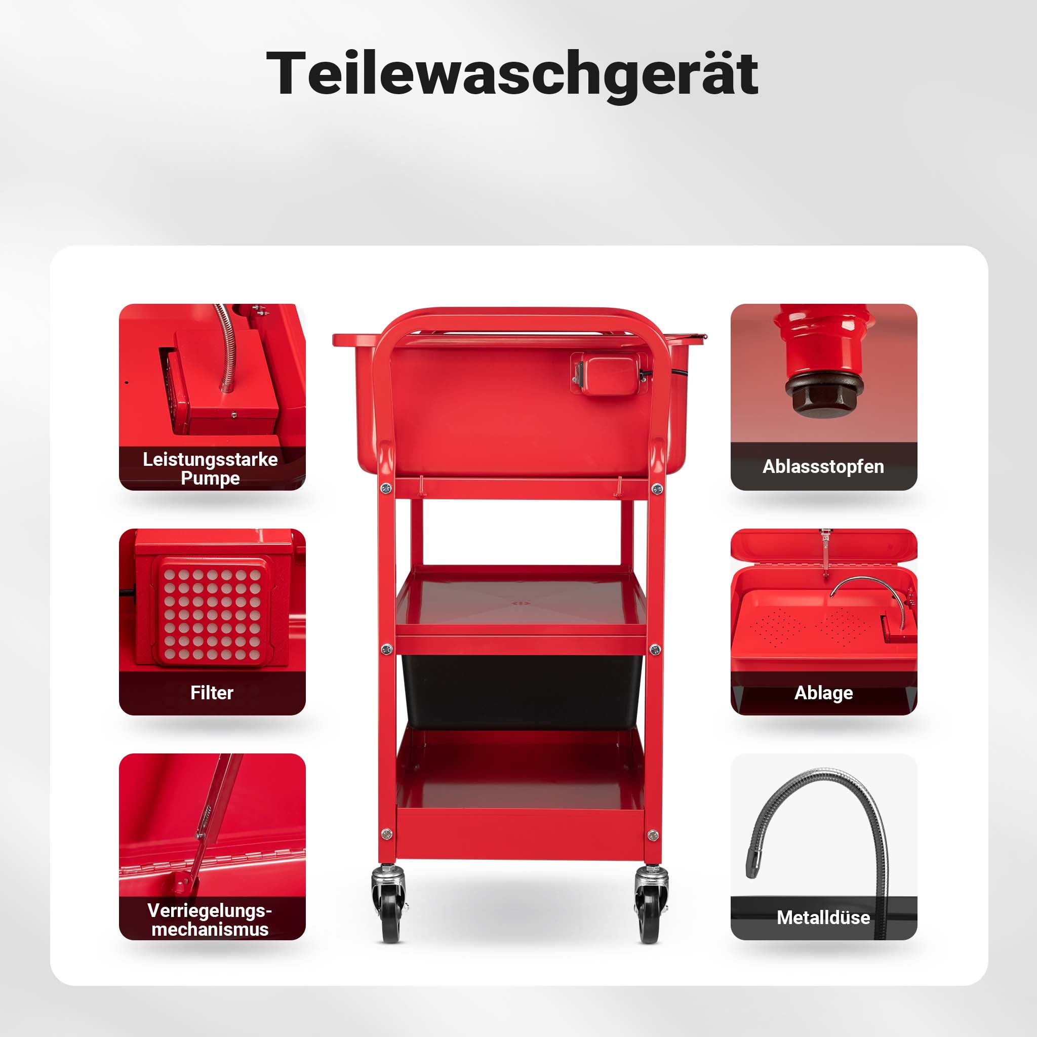 Vasca Lavapezzi da Officina 75,7 L, struttura a carrello, per sgrassatura componenti meccaniche