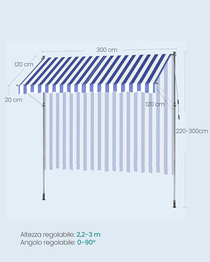 SONGMICS Tenda da Sole Avvolgibile, Tendalino Parasole Retrattile Manuale, Regolabile in Altezza con Manovella per Balcone Giardino Patio, 300 x 120 cm, Blu e Bianco GSA302QZ01