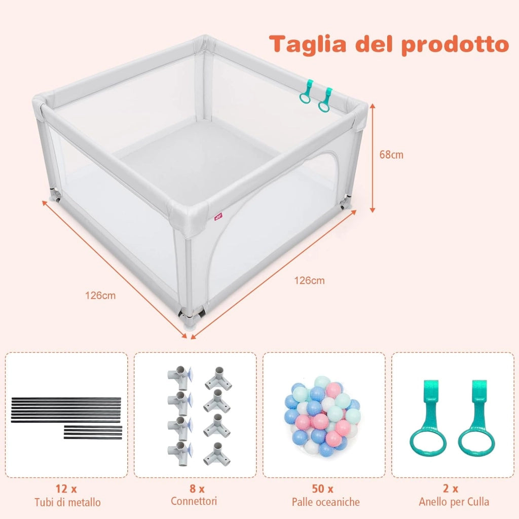 Box per Bambini, Centro Attività Portatile con Cancelli di Sicurezza, con Ventose Antiscivolo, Pareti a Rete Traspirante e 2 Anelli per Bambini, Cancello per Giocare con Palline (Grigio)