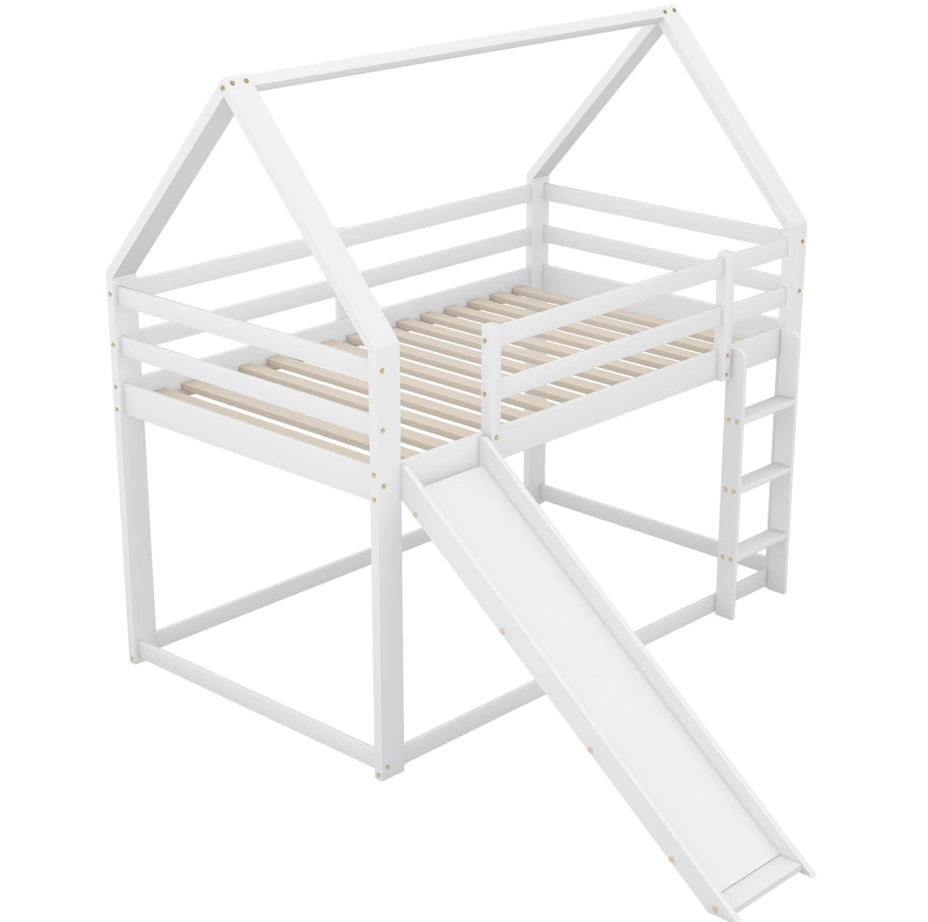 Letto a castello a forma di casa con scivolo e scala, bianco, 90 x 200 cm