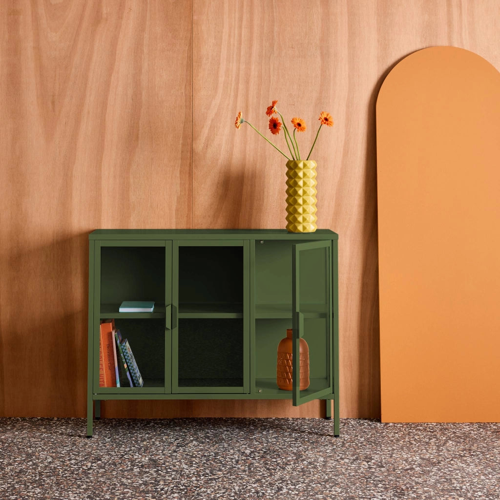 Credenza industriale in metallo e vetro temperato 3 ante, 100cm