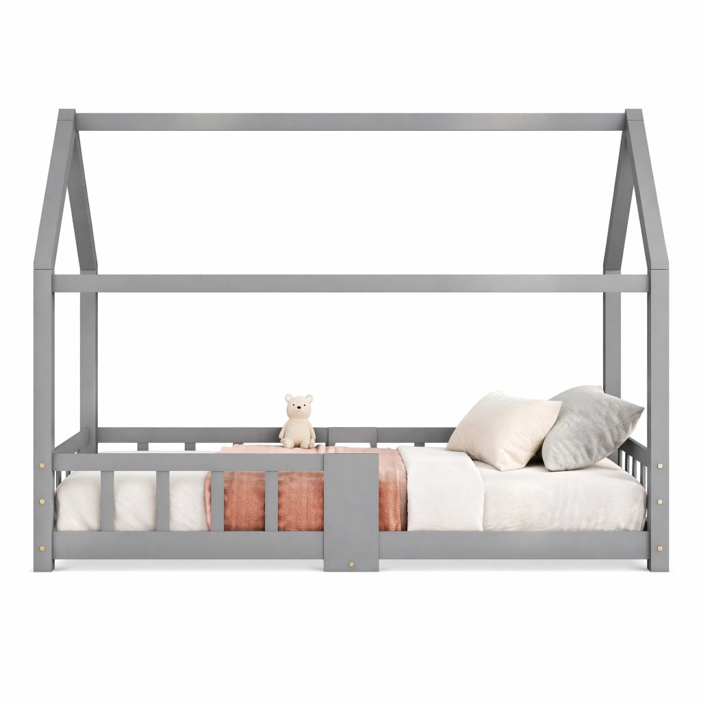 Letto a casetta per bambini 90x200 cm in legno di pino grigio; con lavagna e sponda anticaduta