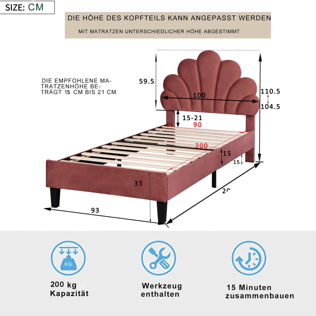 Letto imbottito 90x200 cm in velluto rosso fagiolo con testiera a fiore