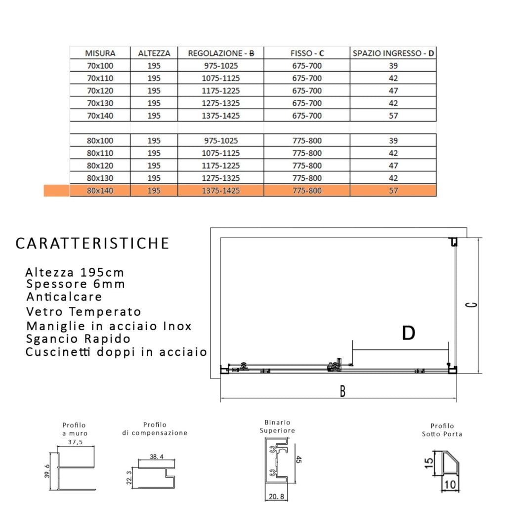 Box doccia tre lati con profili neri scorrevole anticalcare 195 lagoa, misura 80x180x80