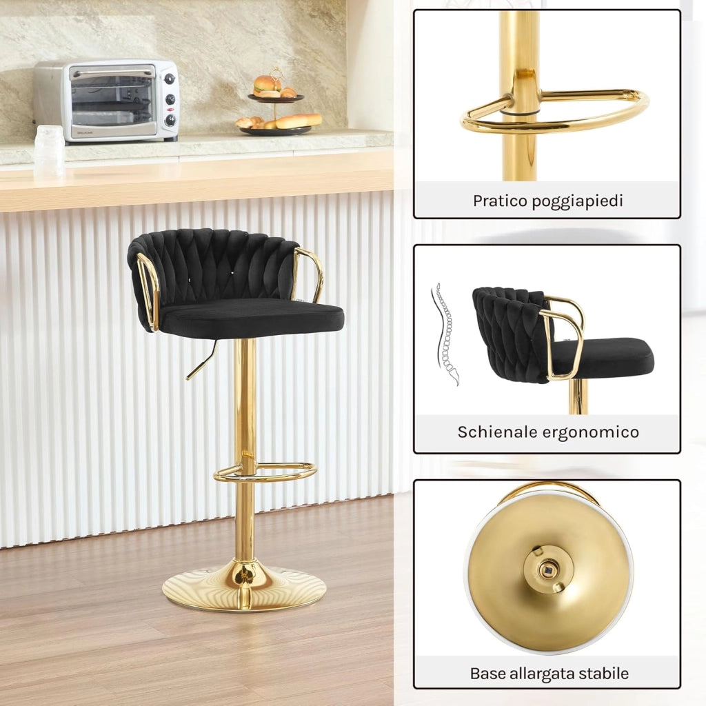 Set di 4 Sgabelli da Cucina Regolabili in Altezza, Sgabelli da Bar in Velluto, Sgabelli Girevoli a 360°, con Base in Metallo e Poggiapiedi, Nero BH426sz-4