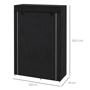 Armadio pieghevole in tessuto con 1 asta appendiabiti e 6 ripiani, struttura in acciaio, nero, 103x43x162,5 cm