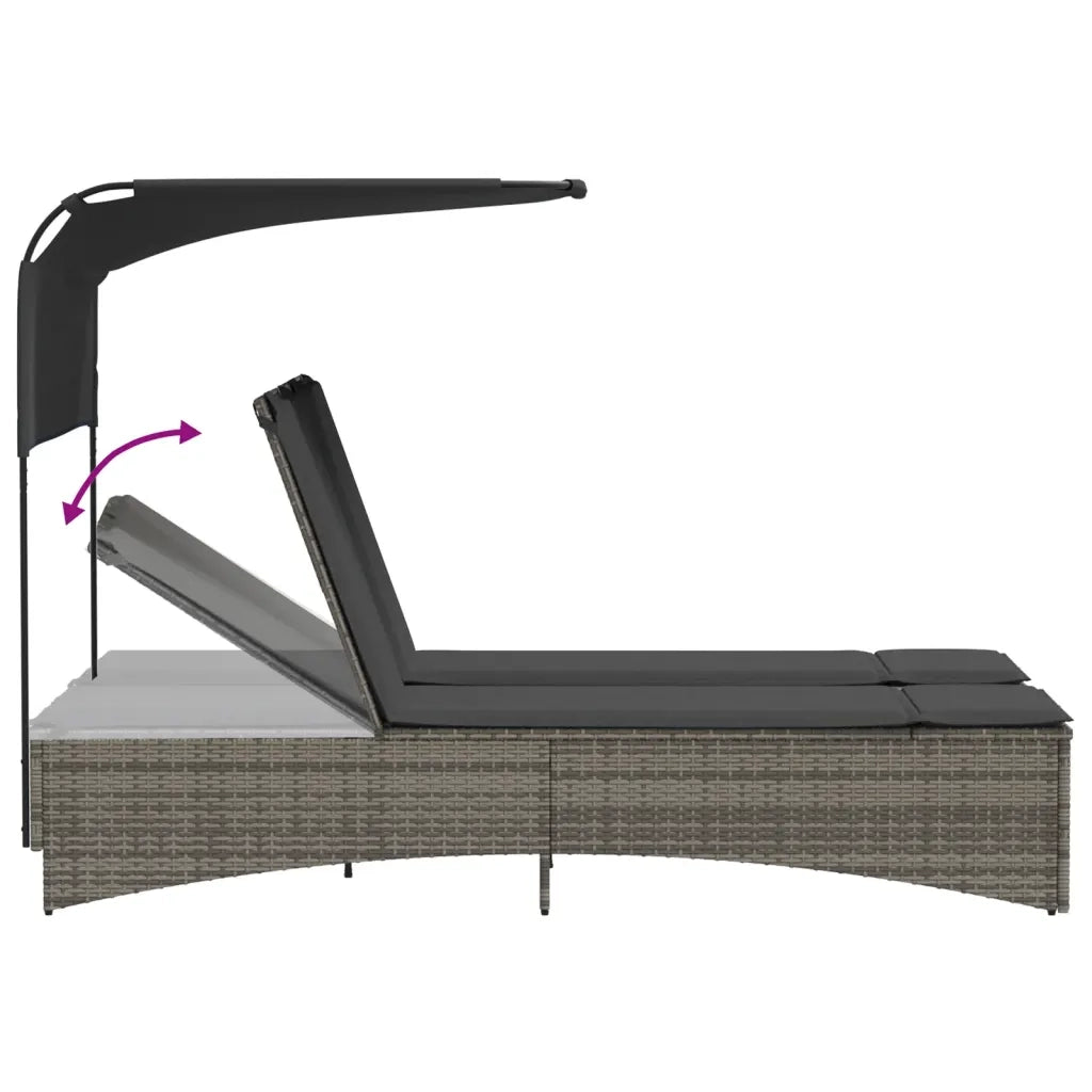 Lettino Doppio con Baldacchino e Cuscini Grigio in Polyrattan 365622