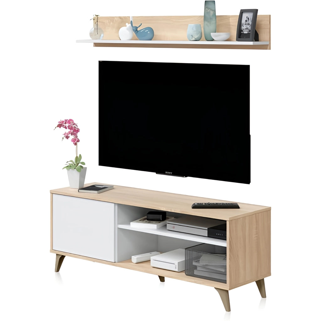 Kikua Plus Mobile TV con Mensola 135x40x50 cm, Rovere Bianco, Sistema PUSH