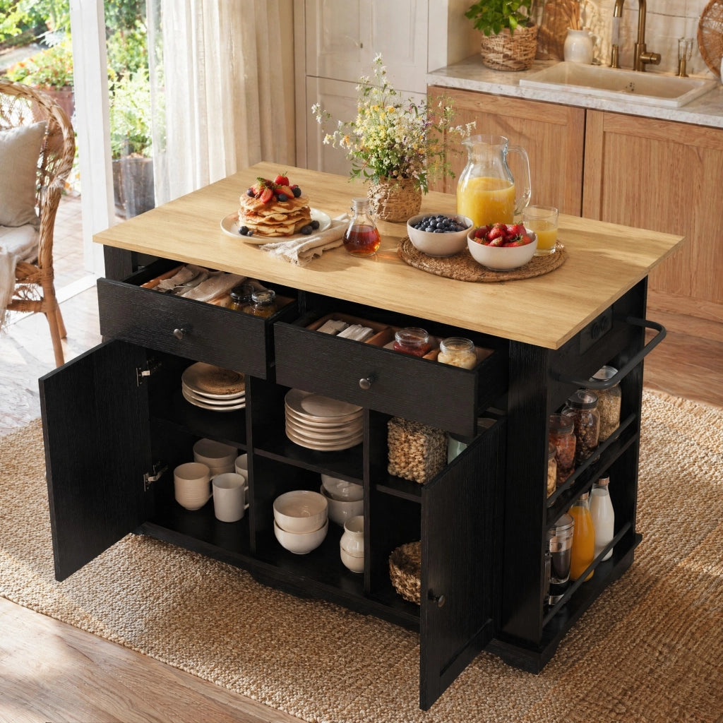 Carrello da cucina con lato pieghevole prese integrate 2 cassetti 6 vani in MDF e metallo nero e naturale