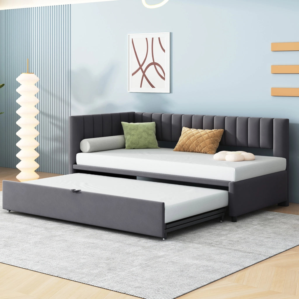 Divano letto a L estraibile 90x200 cm in velluto grigio