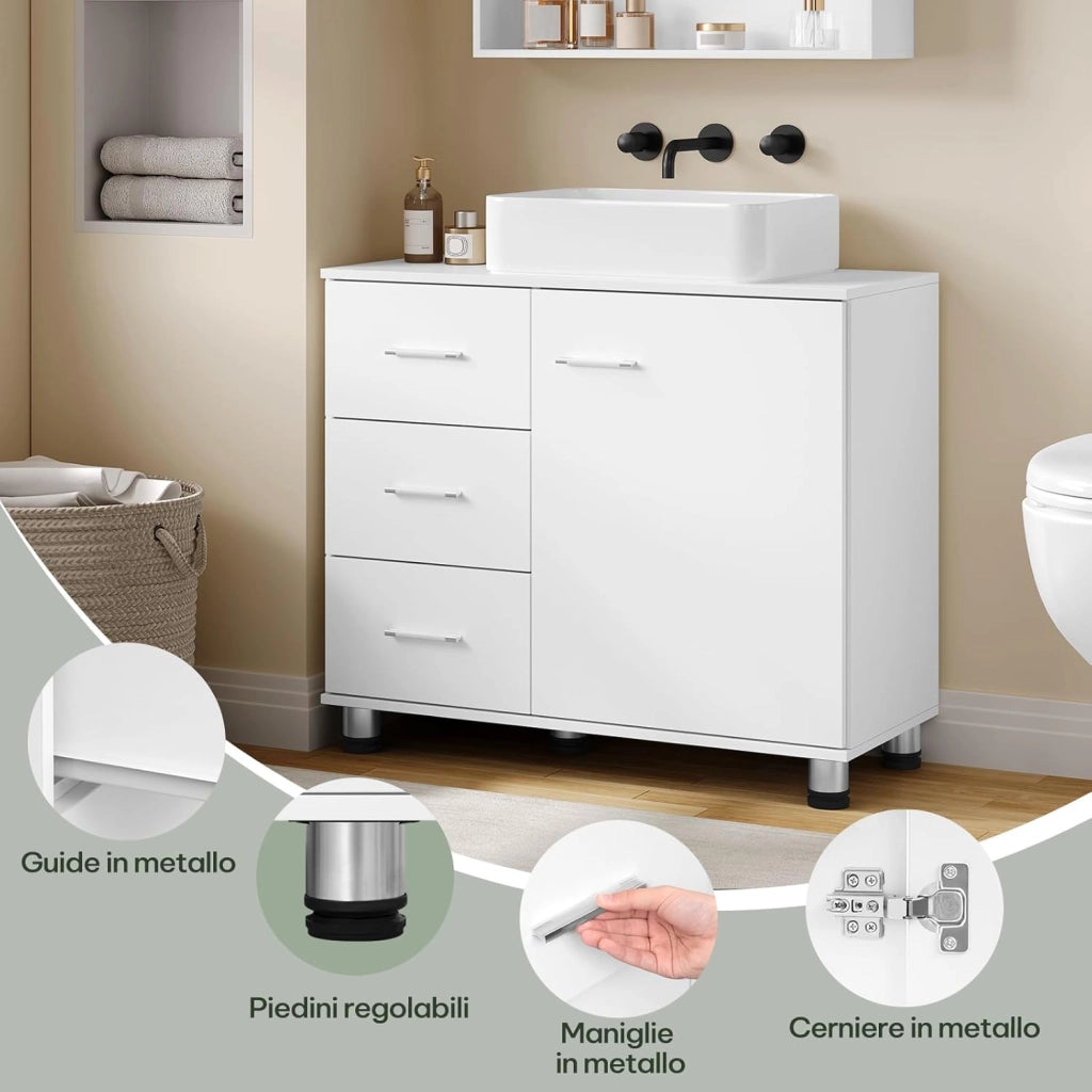 Mobiletto Sotto Lavabo con Ripiano Regolabile, Mobile da Bagno Freestanding con Anta a Cassetto, 70x60x30 cm, Mobiletto da Bagno Bianco