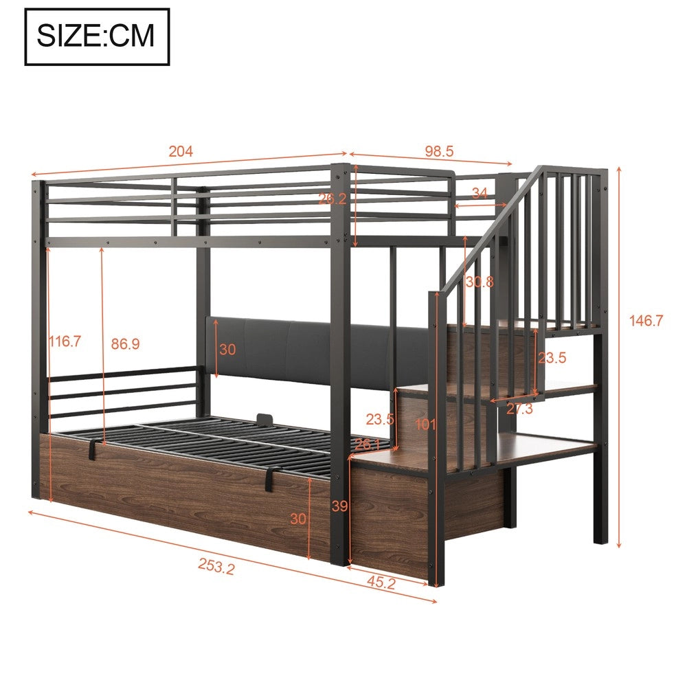 Letto a castello in ferro - Zephmum - 90x200 cm - Nero - Schienale imbottito, funzione idraulica, scala di sicurezza