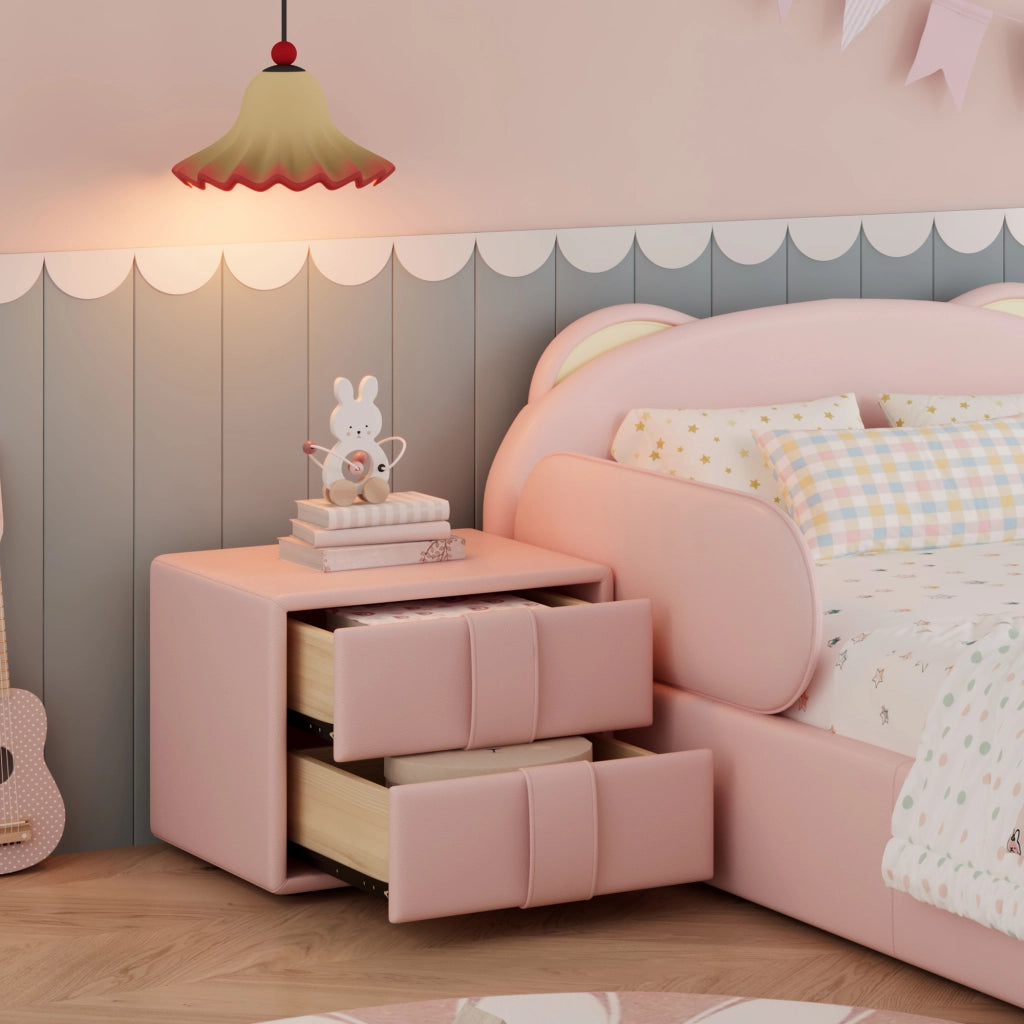 DESMIU Letto bambini 90 × 200 cm con testiera orso, comodino coordinato, senza materasso, in PU, rosa