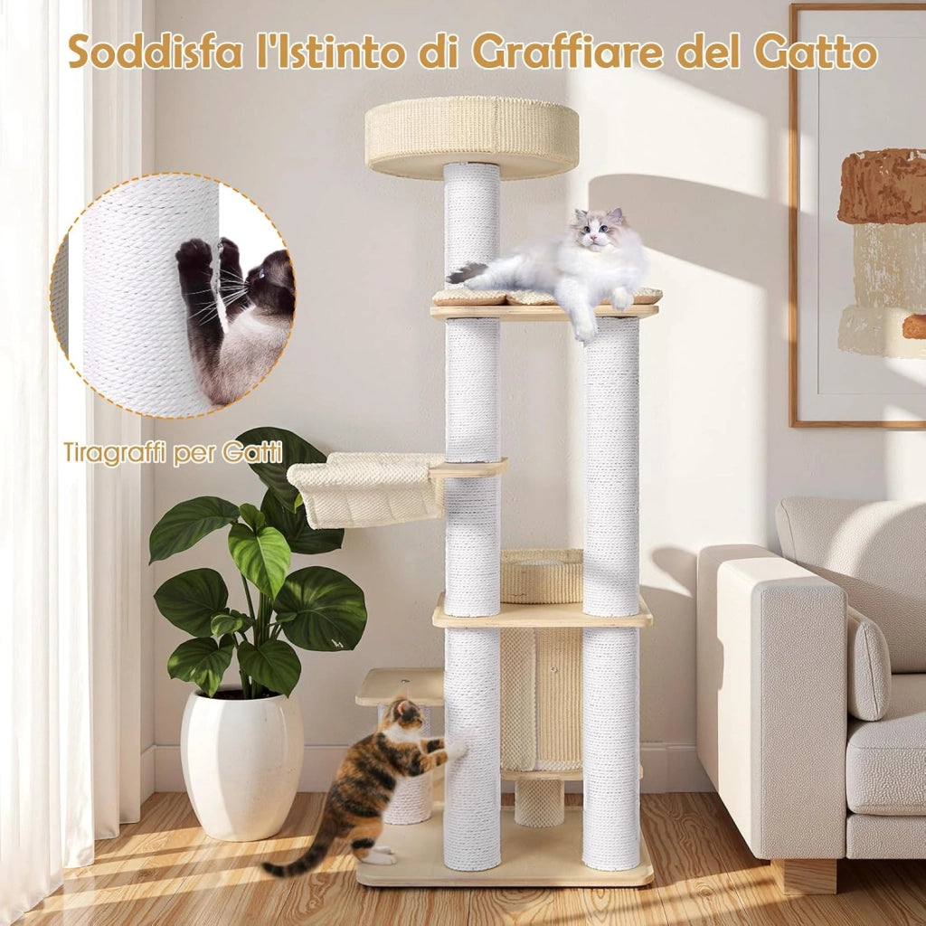 Albero per Gatti Alto 151 cm, Tiragraffi per Gatti con Comodo Poggiapiedi Imbottito, Condo a 2 Piani, Tappetini Morbidi Rimovibili, Posti Graffianti, Amaca Accogliente